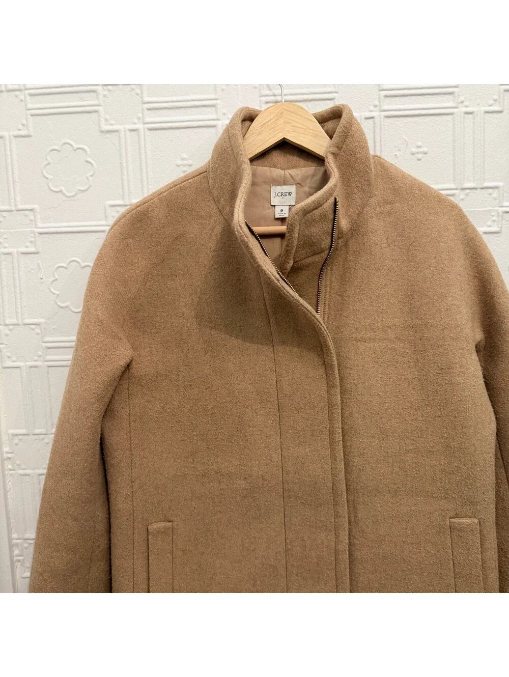 J.Crew Italian Stadium Cloth Wool Lodge Coat Camel Tan Zip Up Jacket - Size 8